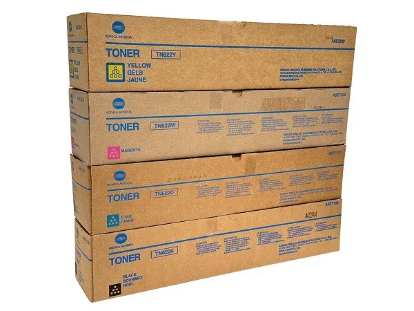 Caixas do toner Konica Minolta TN-622 nas cores preto, ciano, magenta e amarelo
